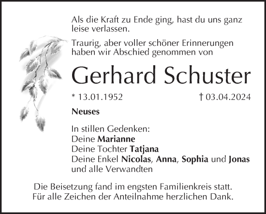 Anzeige von Gerhard Schuster von MGO
