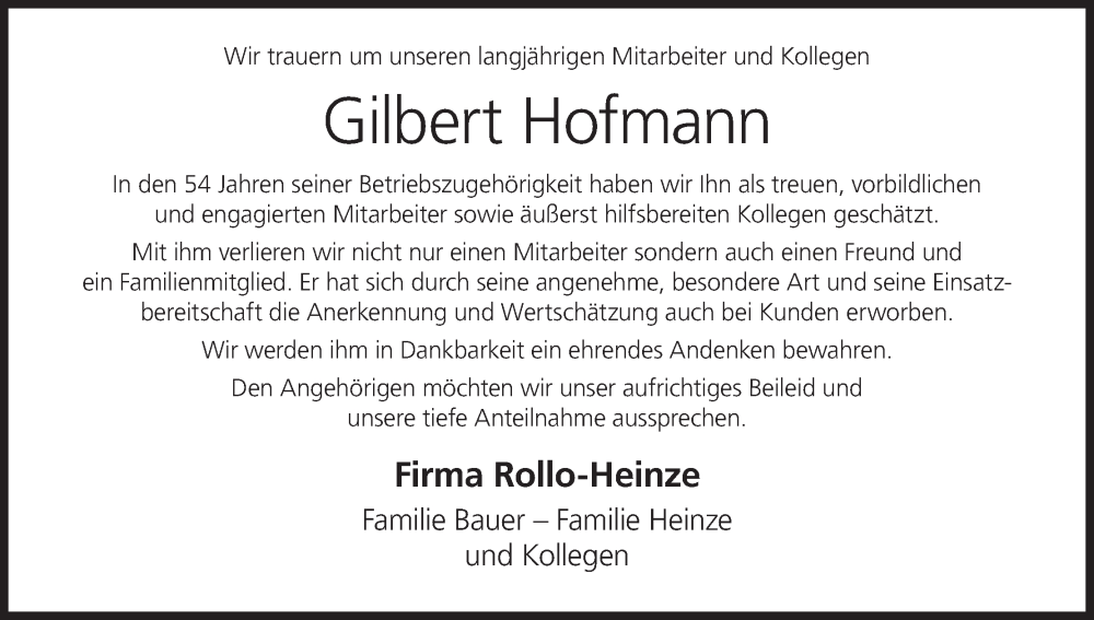  Traueranzeige für Gilbert Hofmann vom 06.04.2024 aus MGO