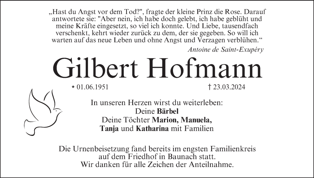  Traueranzeige für Gilbert Hofmann vom 06.04.2024 aus MGO