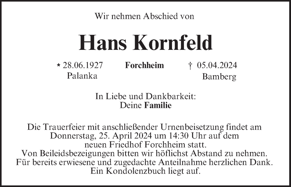  Traueranzeige für Hans Kornfeld vom 20.04.2024 aus MGO