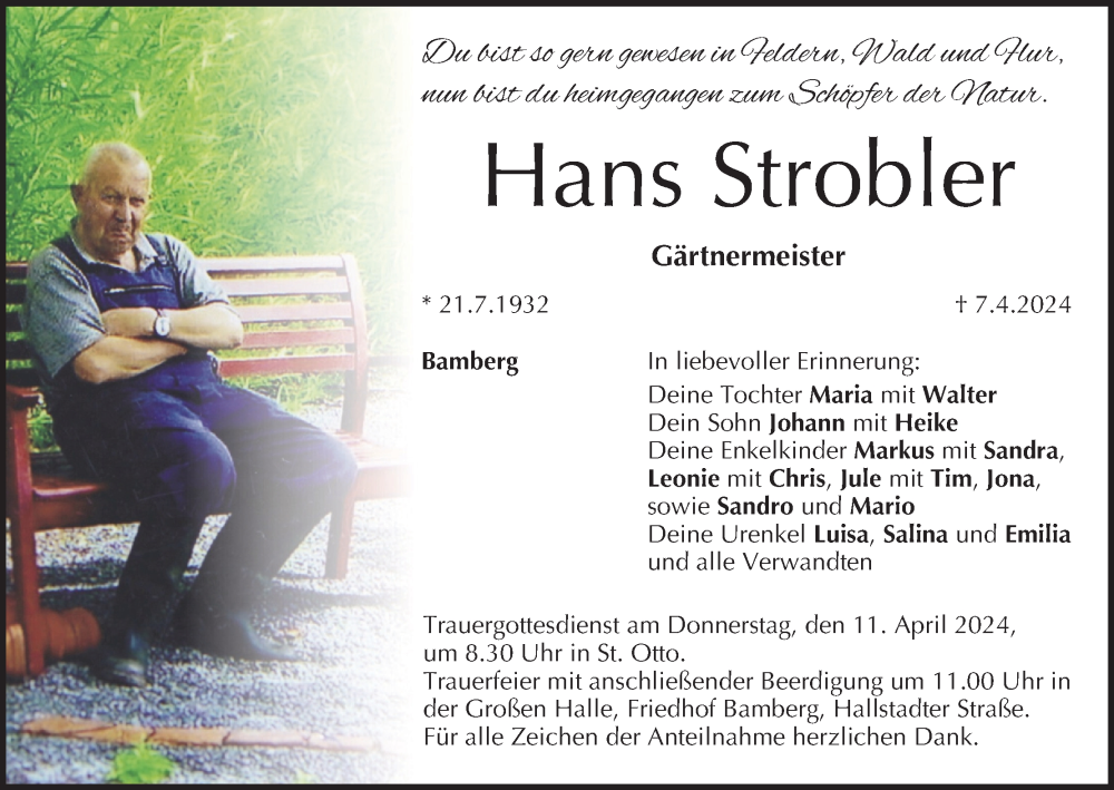  Traueranzeige für Hans Strobler vom 10.04.2024 aus MGO