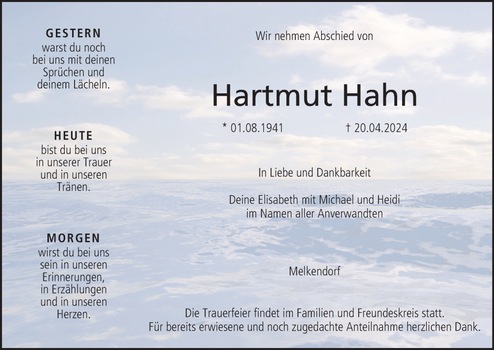 Traueranzeige für Hartmut Hahn vom 24.04.2024 aus MGO