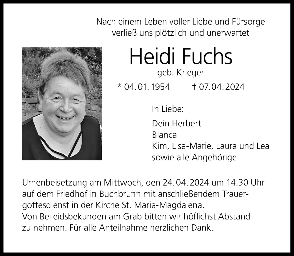  Traueranzeige für Heidi Fuchs vom 20.04.2024 aus MGO