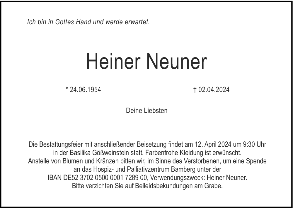  Traueranzeige für Heiner Neuner vom 06.04.2024 aus MGO