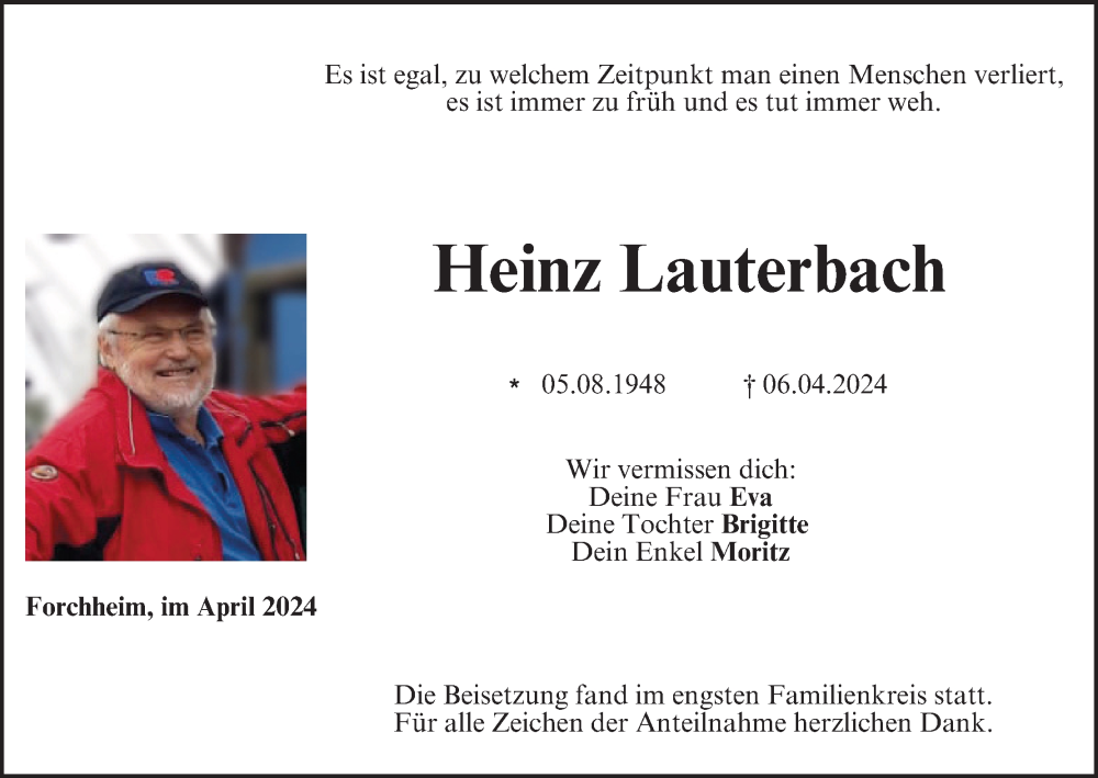  Traueranzeige für Heinz Lauterbach vom 27.04.2024 aus MGO