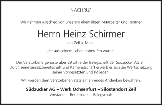 Anzeige von Heinz Schirmer von MGO