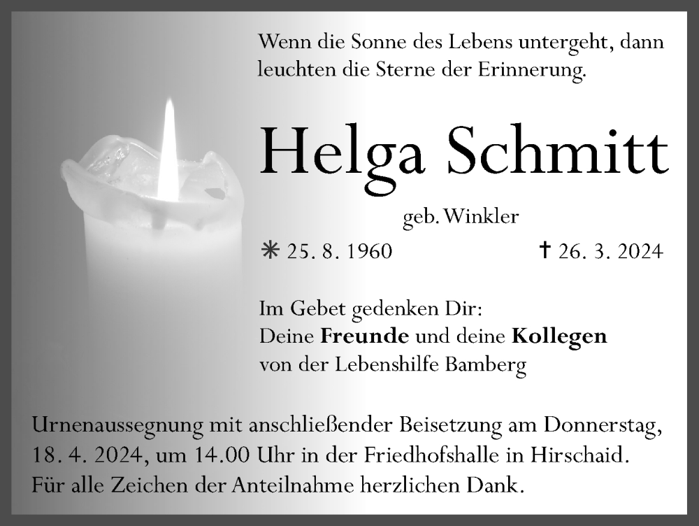  Traueranzeige für Helga Schmitt vom 13.04.2024 aus MGO