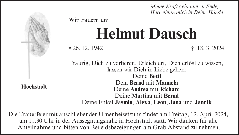  Traueranzeige für Helmut Dausch vom 10.04.2024 aus MGO