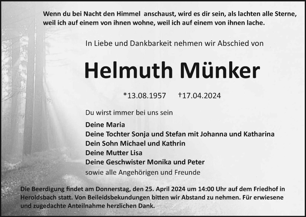  Traueranzeige für Helmuth Münker vom 20.04.2024 aus MGO