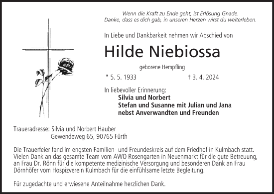 Anzeige von Hilde Niebiossa von MGO