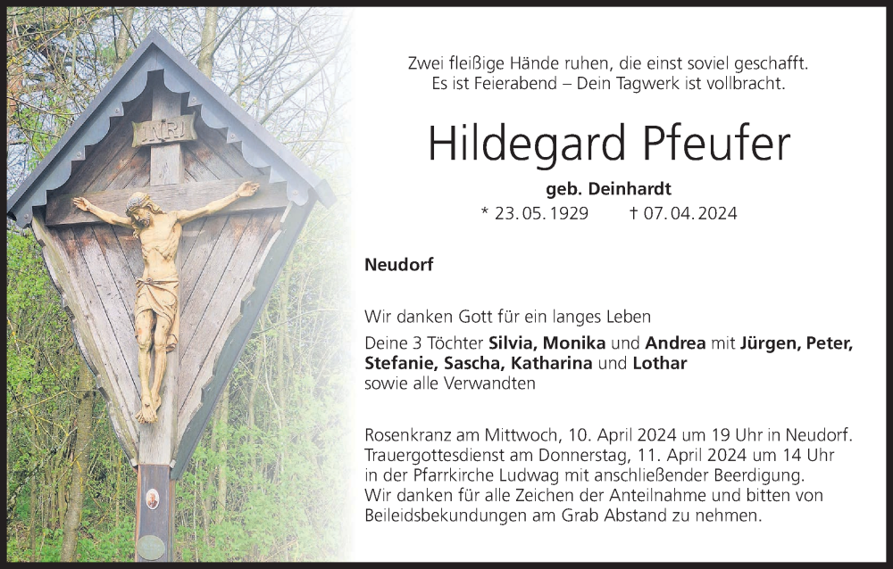  Traueranzeige für Hildegard Pfeufer vom 09.04.2024 aus MGO