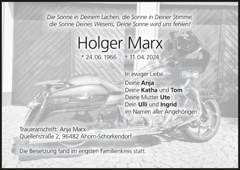  Traueranzeige für Holger Marx vom 20.04.2024 aus MGO