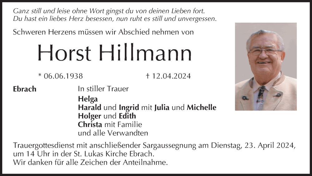  Traueranzeige für Horst Hillmann vom 20.04.2024 aus MGO