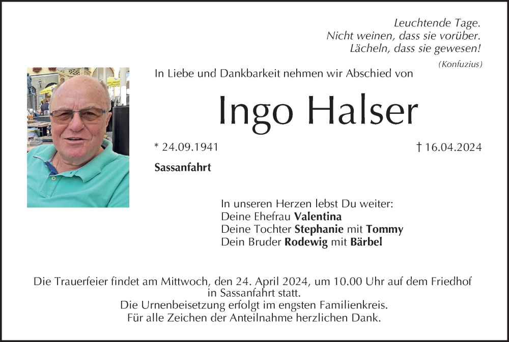  Traueranzeige für Ingo Halser vom 20.04.2024 aus MGO