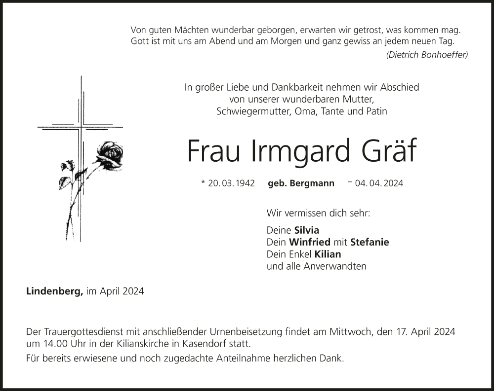  Traueranzeige für Irmgard Gräf vom 13.04.2024 aus MGO
