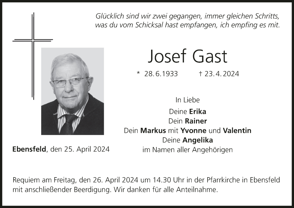  Traueranzeige für Josef Gast vom 25.04.2024 aus MGO