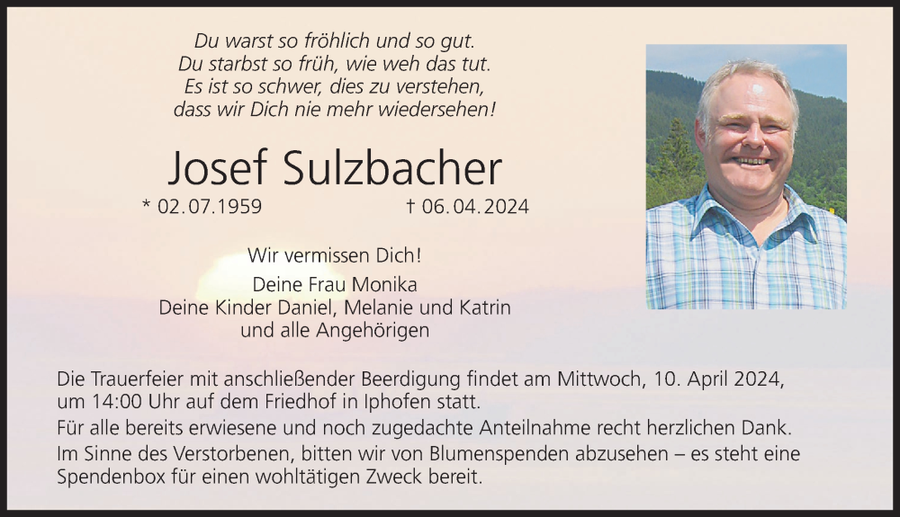  Traueranzeige für Josef Sulzbacher vom 09.04.2024 aus MGO