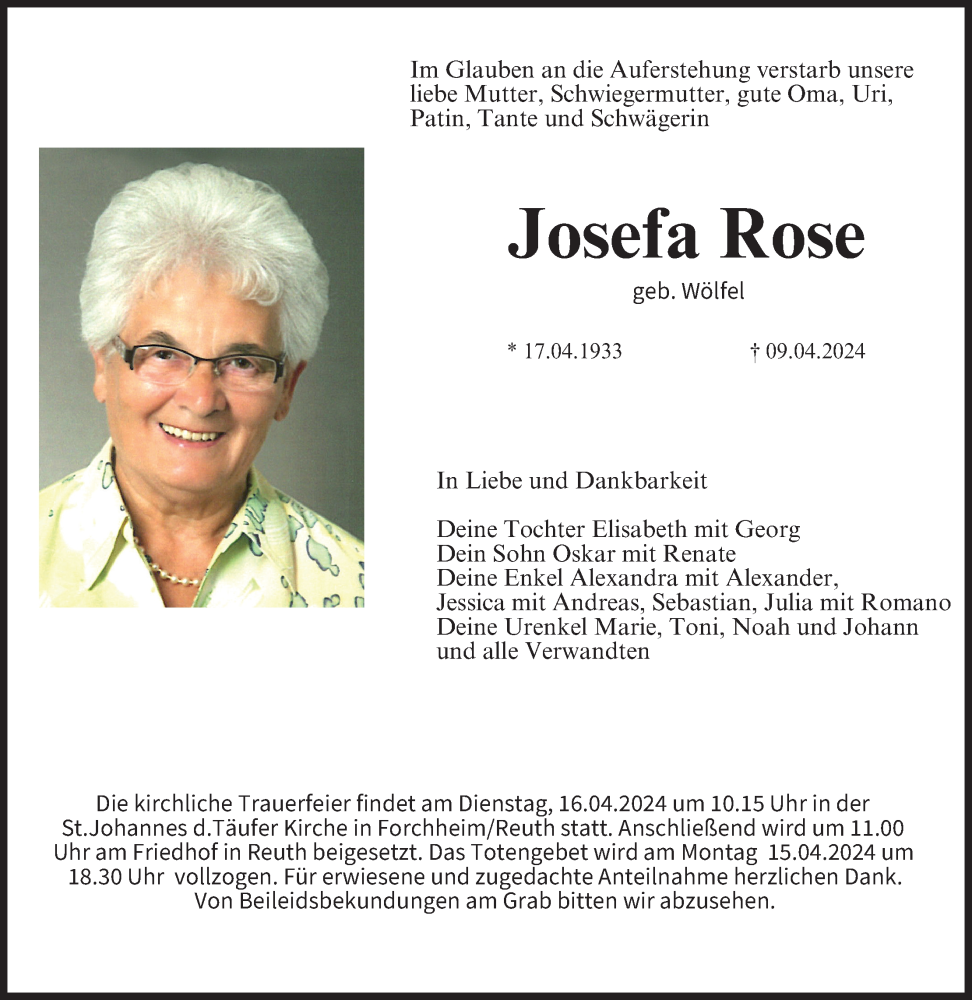  Traueranzeige für Josefa Rose vom 13.04.2024 aus MGO