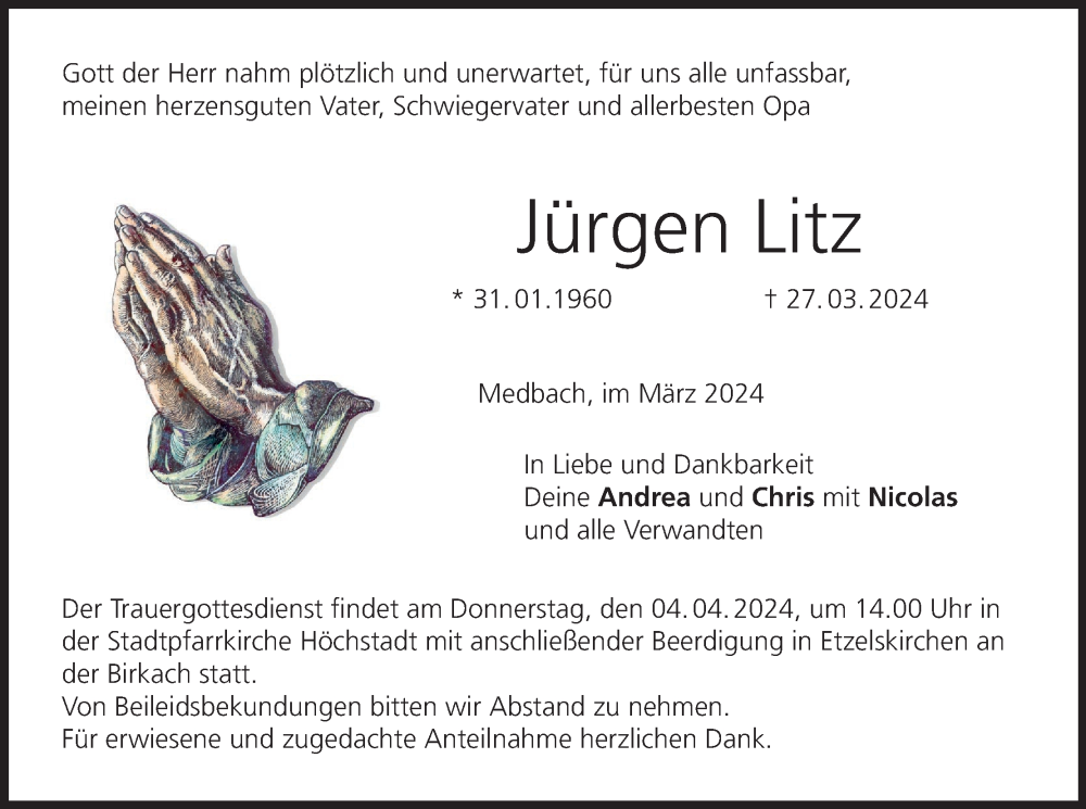  Traueranzeige für Jürgen Litz vom 03.04.2024 aus MGO