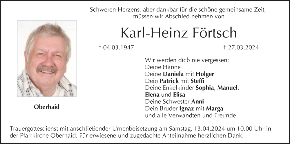  Traueranzeige für Karl-Heinz Förtsch vom 10.04.2024 aus MGO