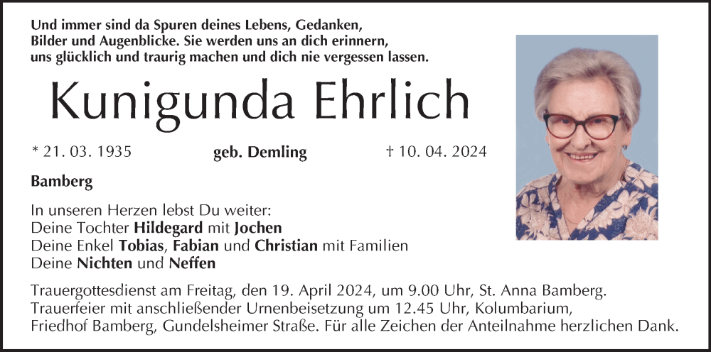  Traueranzeige für Kunigunda Ehrlich vom 13.04.2024 aus MGO