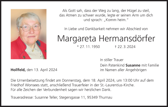 Anzeige von Margareta Hermansdörfer von MGO