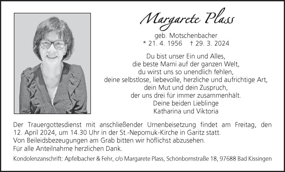  Traueranzeige für Margarete Plass vom 06.04.2024 aus MGO