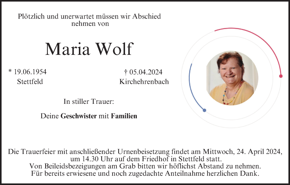  Traueranzeige für Maria Wolf vom 20.04.2024 aus MGO