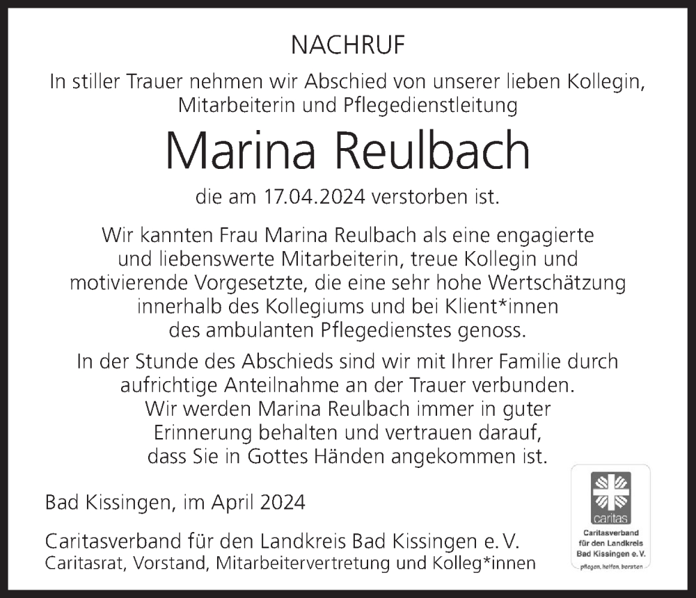  Traueranzeige für Marina Reulbach vom 22.04.2024 aus MGO