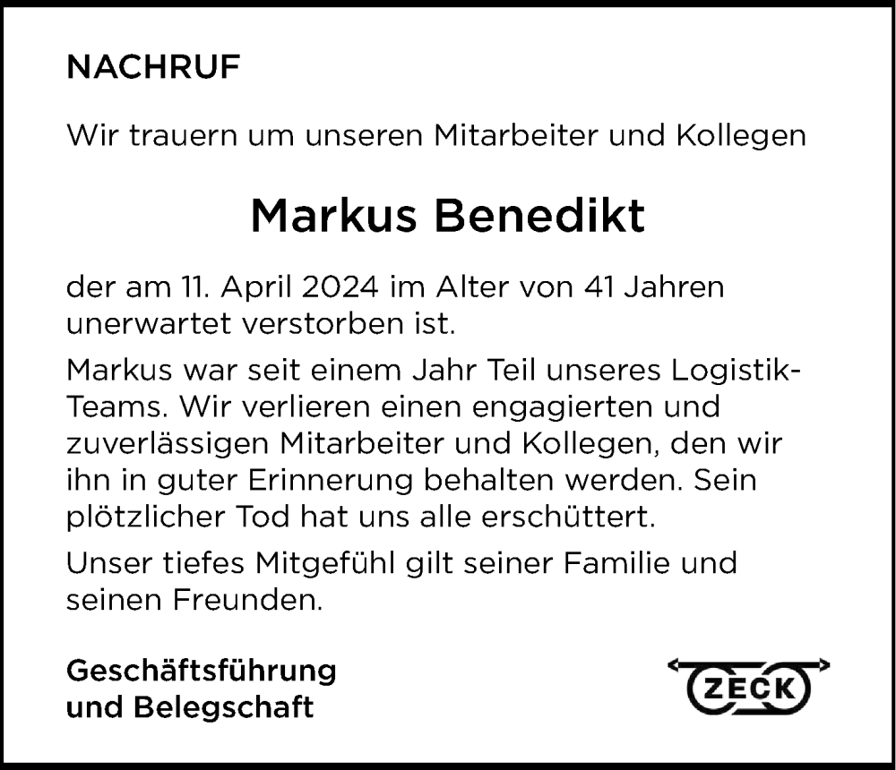  Traueranzeige für Markus Benedikt vom 20.04.2024 aus MGO