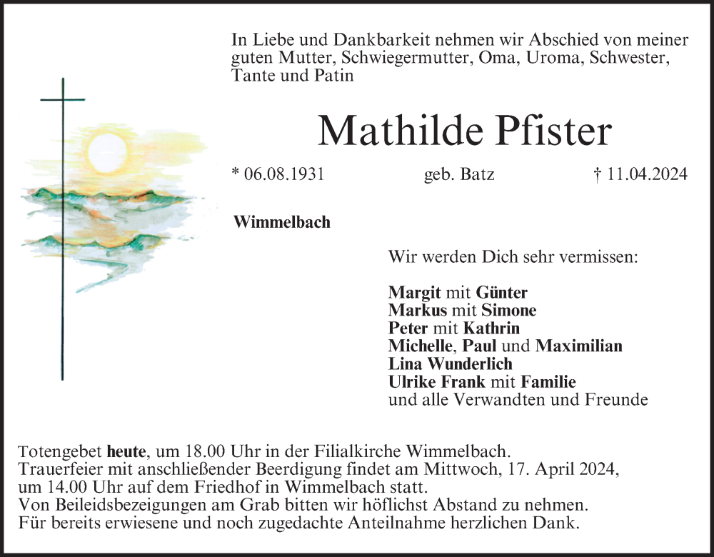  Traueranzeige für Mathilde Pfister vom 16.04.2024 aus MGO