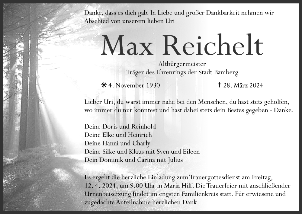  Traueranzeige für Max Reichelt vom 06.04.2024 aus MGO