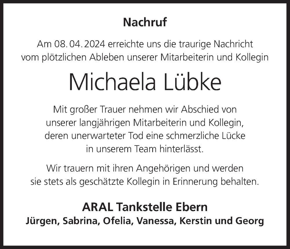 Traueranzeige für Michaela Lübke vom 13.04.2024 aus MGO