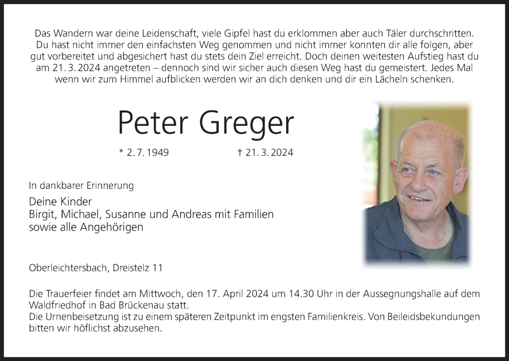  Traueranzeige für Peter Greger vom 13.04.2024 aus MGO