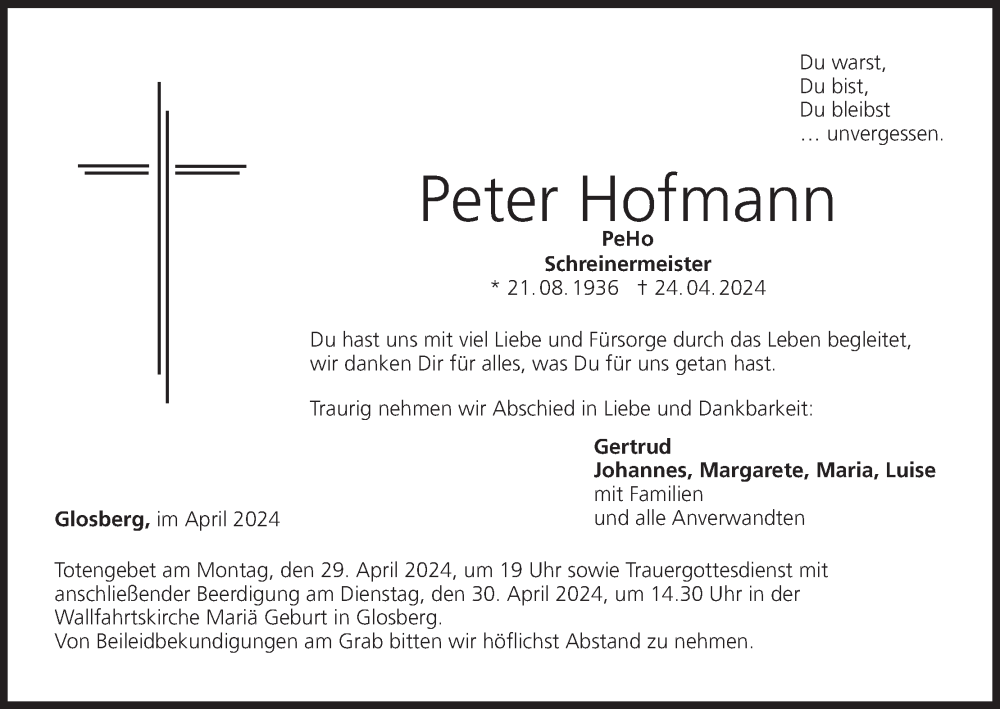  Traueranzeige für Peter Hofmann vom 27.04.2024 aus MGO