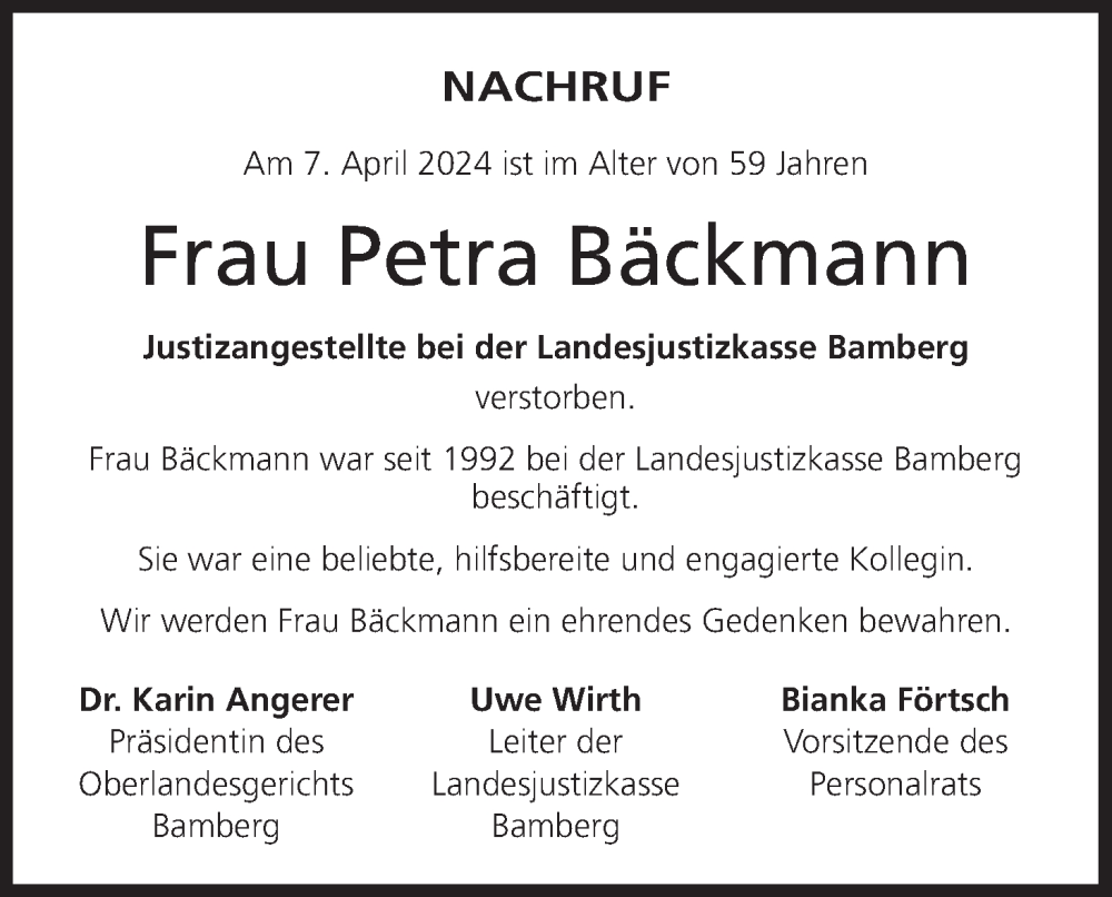  Traueranzeige für Petra Bäckmann vom 17.04.2024 aus MGO