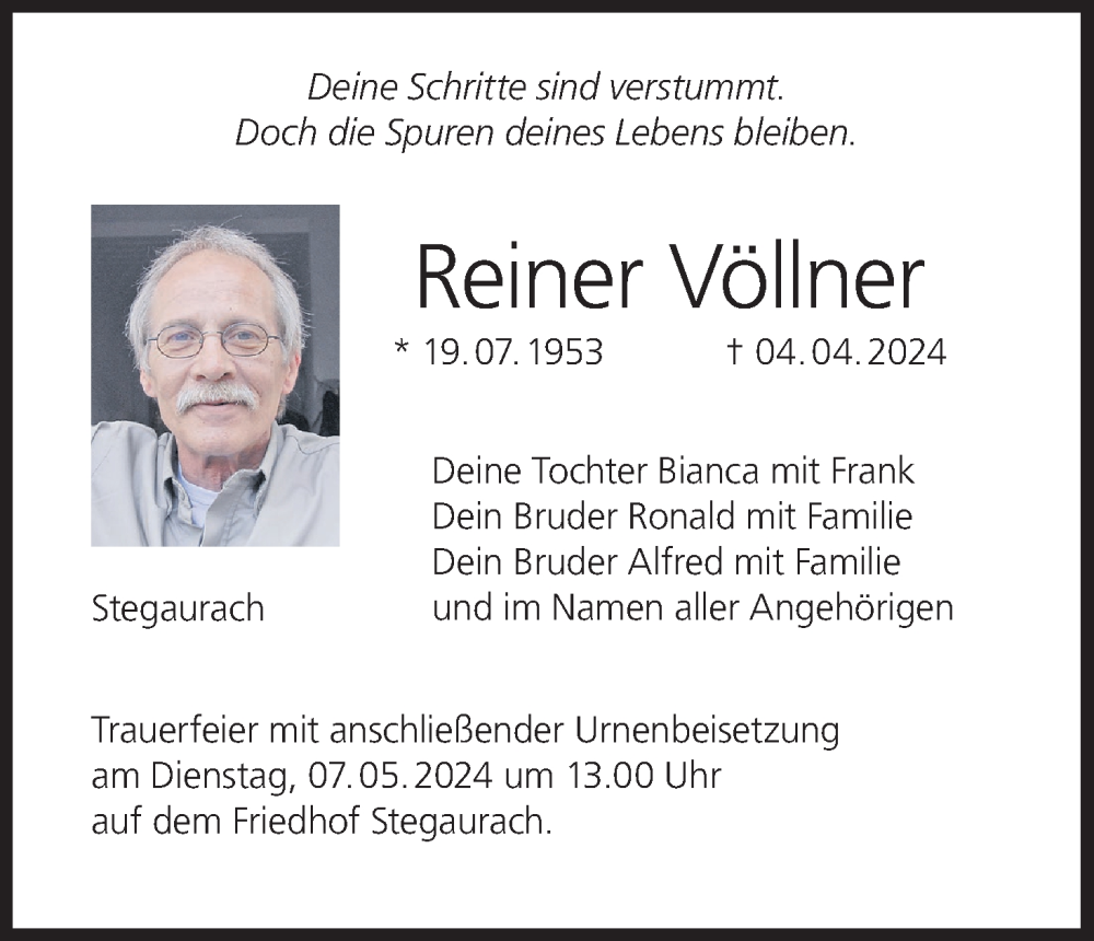  Traueranzeige für Reiner Völlner vom 20.04.2024 aus MGO
