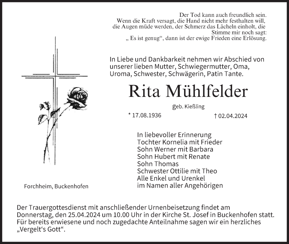  Traueranzeige für Rita Mühlfelder vom 20.04.2024 aus MGO