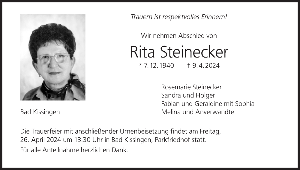  Traueranzeige für Rita Steinecker vom 20.04.2024 aus MGO