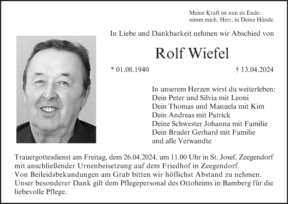  Traueranzeige für Rolf Wiefel vom 20.04.2024 aus MGO