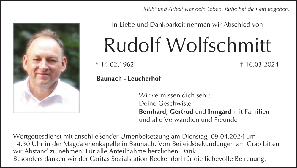  Traueranzeige für Rudolf Wolfschmitt vom 06.04.2024 aus MGO