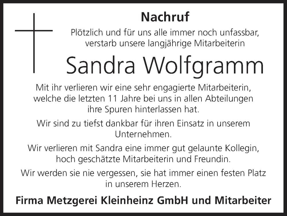  Traueranzeige für Sandra Wolfgramm vom 11.04.2024 aus MGO
