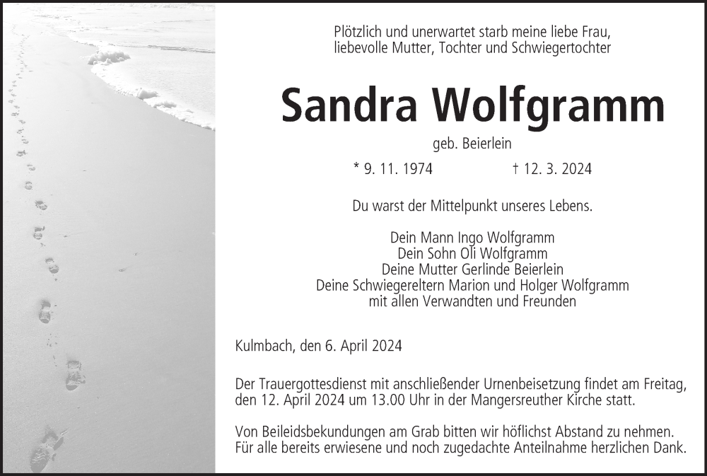  Traueranzeige für Sandra Wolfgramm vom 06.04.2024 aus MGO