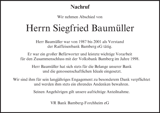 Traueranzeige von Siegfried Baumüller