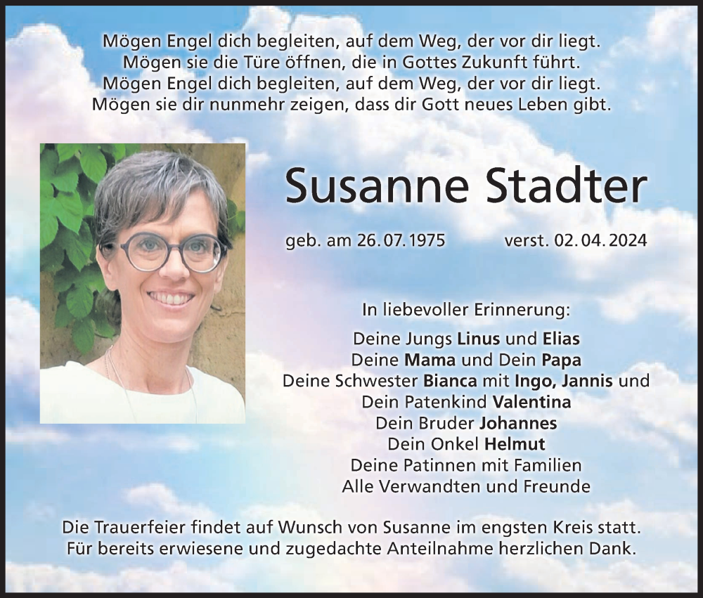  Traueranzeige für Susanne Stadter vom 10.04.2024 aus MGO