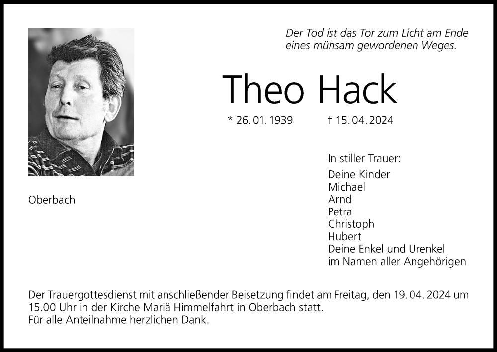  Traueranzeige für Theo Hack vom 17.04.2024 aus MGO