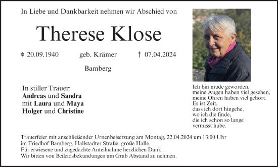 Traueranzeige von Therese Klose
