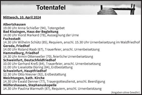 Anzeige von Totentafel vom 10.04.2024 von MGO