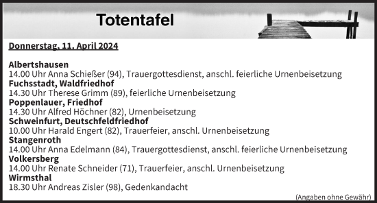 Anzeige von Totentafel vom 11.04.2024 von MGO