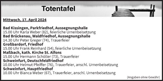 Anzeige von Totentafel vom 17.04.2024 von MGO